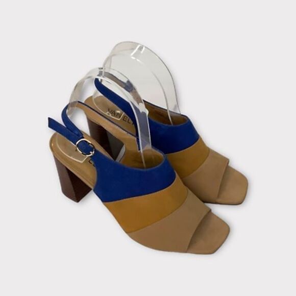 Vaneli Womens Slingback Heel Brown Leather Color Block Buckle High 7 M New - Picture 1 of 9